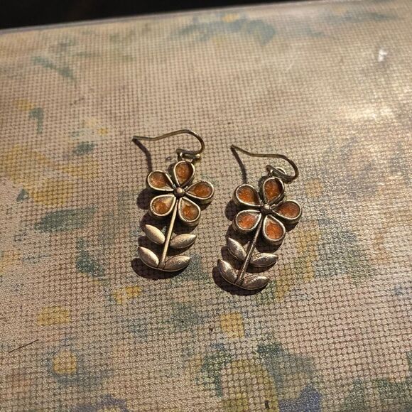 Tiny Gold and Orange Color Flower Earrings - Picture 1 of 5